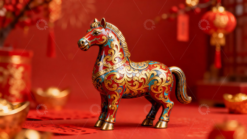 高清大图下载【趣麦麦图】红色背景下的精美彩绘马雕塑