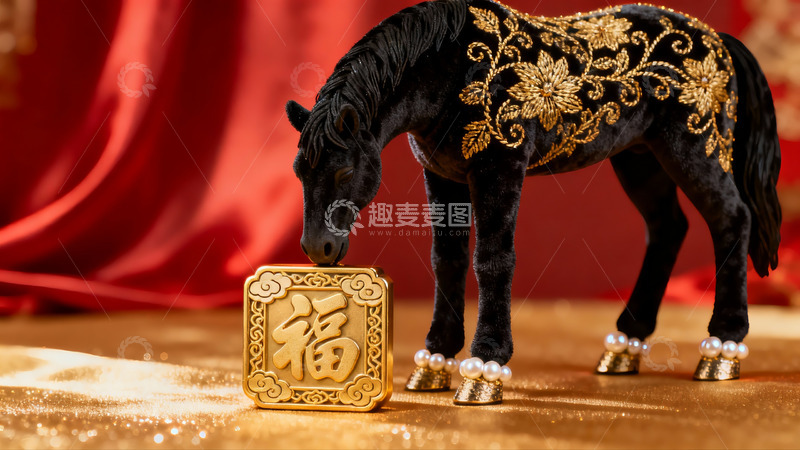 高清大图下载【趣麦麦图】金色马雕摆件福字装饰