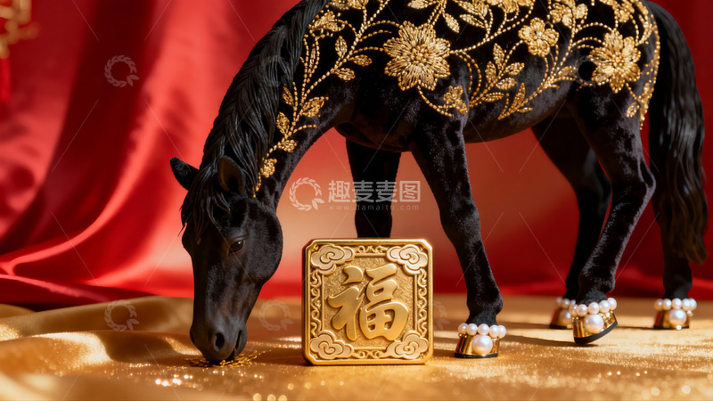 高清大图下载【趣麦麦图】金色装饰马雕像与福字摆件