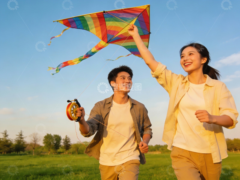 高清大图下载【趣麦麦图】情侣户外放风筝欢乐场景