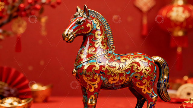 红色背景下的精美马形工艺品
