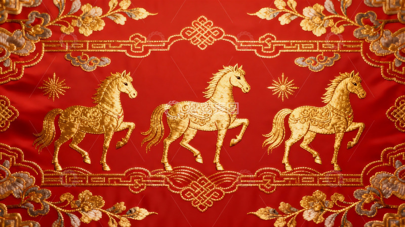 高清大图下载【趣麦麦图】红色底金色马纹刺绣图案