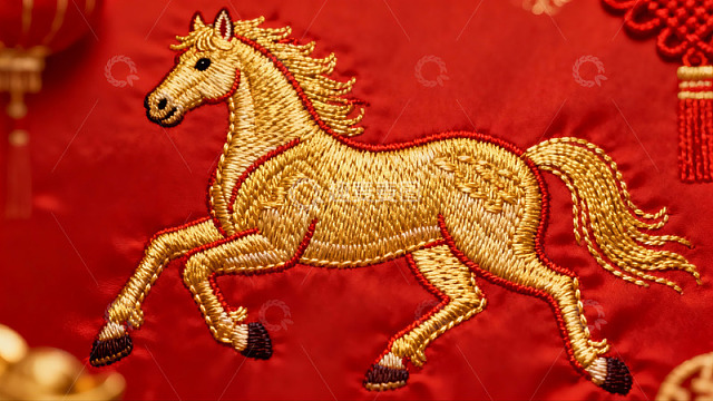 红色布料上的金色马刺绣图案