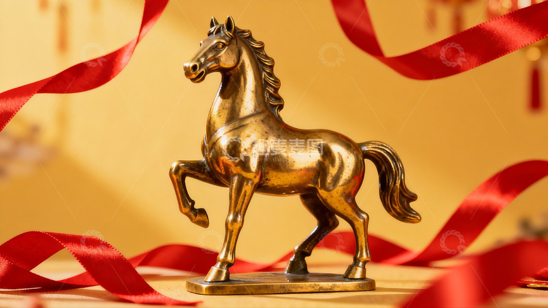 高清大图下载【趣麦麦图】金色马雕与红色丝带装饰