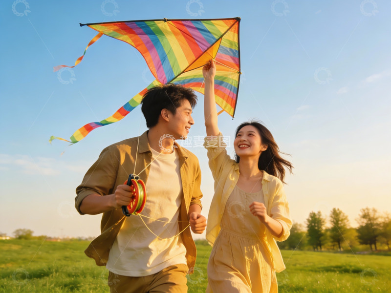 高清大图下载【趣麦麦图】情侣草地上放风筝