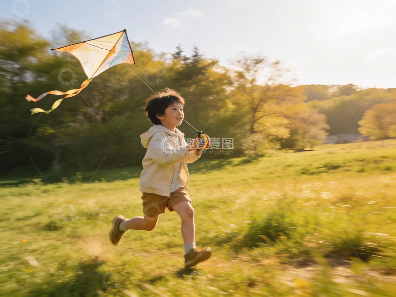 高清大图下载【趣麦麦图】小男孩户外放风筝