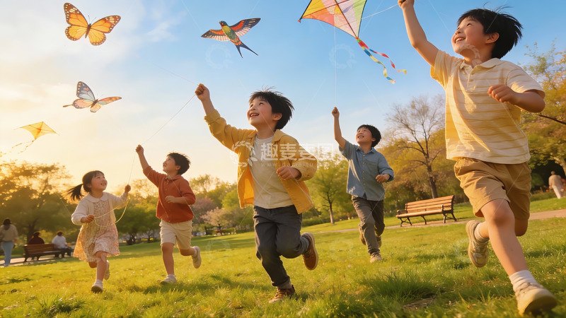 高清大图下载【趣麦麦图】孩子们公园放风筝