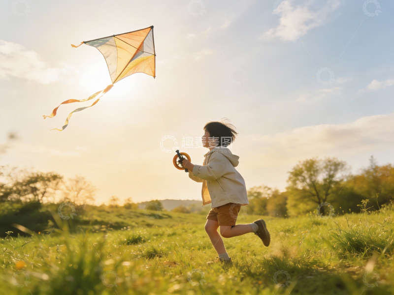 高清大图下载【趣麦麦图】小男孩草地上放风筝