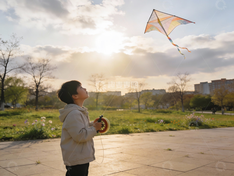 高清大图下载【趣麦麦图】少年放飞彩色风筝