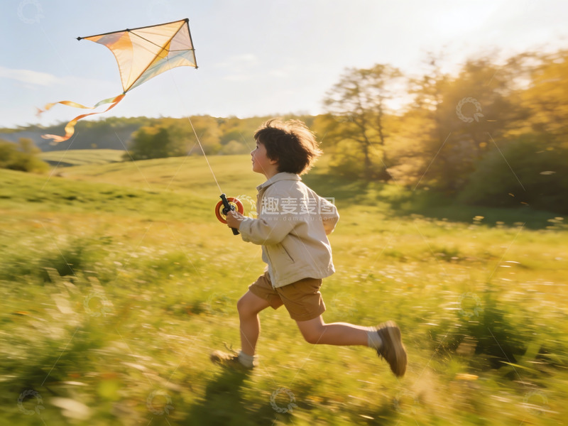高清大图下载【趣麦麦图】小男孩草地上奔跑放风筝