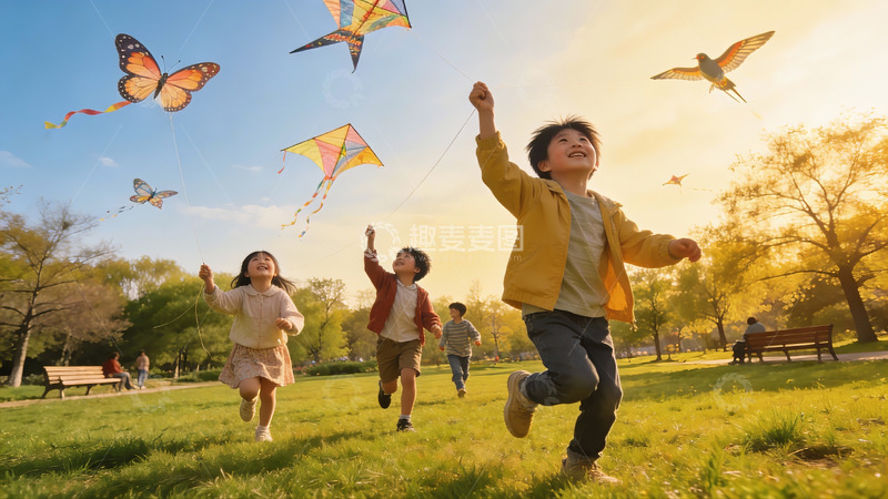高清大图下载【趣麦麦图】孩子们公园放风筝欢乐奔跑