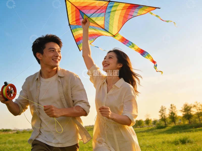 高清大图下载【趣麦麦图】情侣户外放风筝欢乐场景