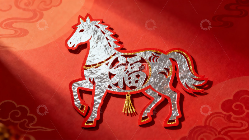高清大图下载【趣麦麦图】红色背景上的银色马形剪纸