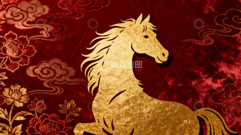 高清大图下载【趣麦麦图】金色骏马剪纸映衬红色祥云