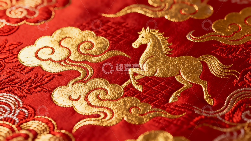 高清大图下载【趣麦麦图】红色织锦上的金色马纹图案