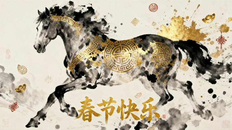 高清大图下载【趣麦麦图】水墨骏马迎春图