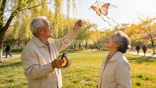 老年夫妇公园放风筝其乐融融