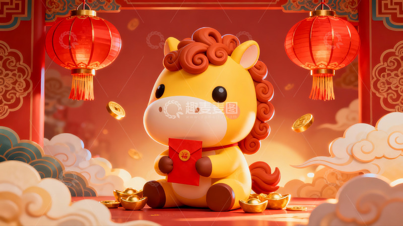 高清大图下载【趣麦麦图】卡通马年红包灯笼喜庆场景