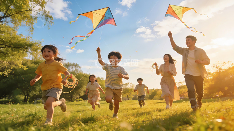 高清大图下载【趣麦麦图】家庭户外放风筝欢乐场景