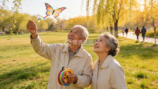 老夫妻公园放风筝其乐融融
