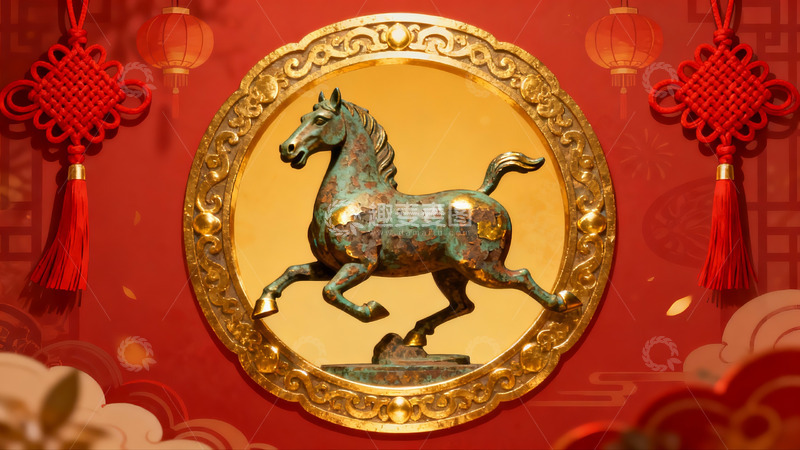 高清大图下载【趣麦麦图】红色背景中的金色马雕装饰画