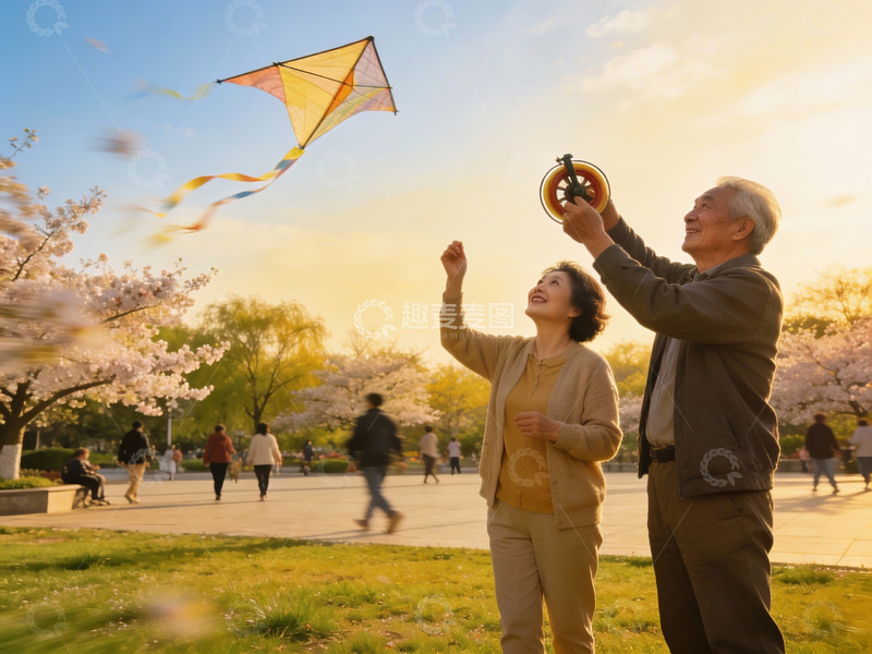 高清大图下载【趣麦麦图】公园老人放风筝赏花