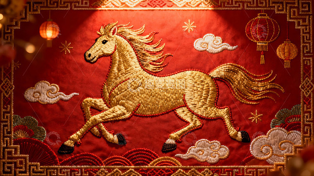 红色布料上的金色马刺绣图案