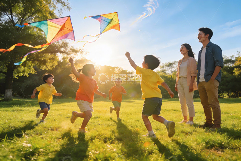 高清大图下载【趣麦麦图】家庭户外放风筝欢乐场景