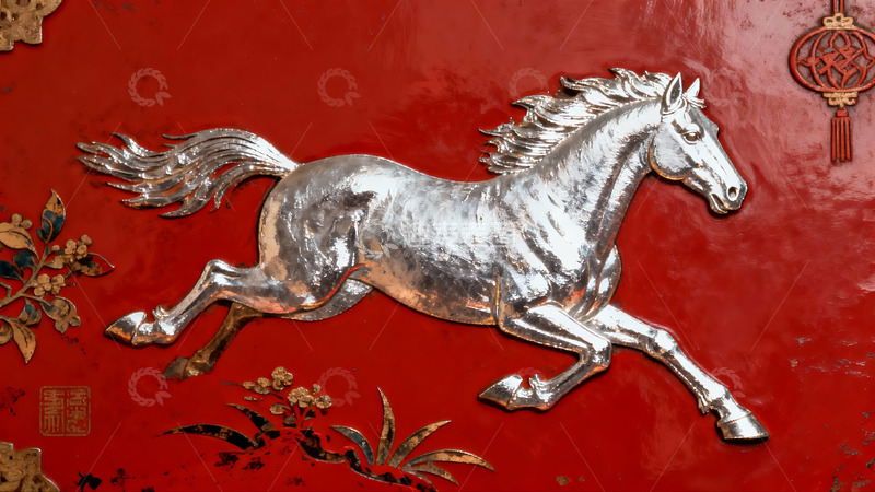 高清大图下载【趣麦麦图】红色背景上的银色奔马浮雕