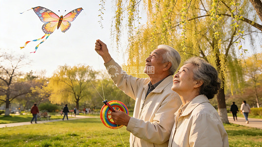 老年夫妇公园放风筝其乐融融
