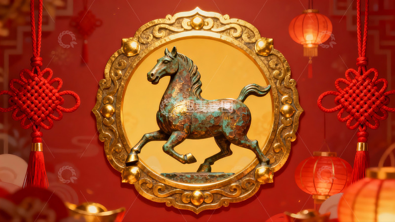 高清大图下载【趣麦麦图】红色背景中的金色马雕装饰画