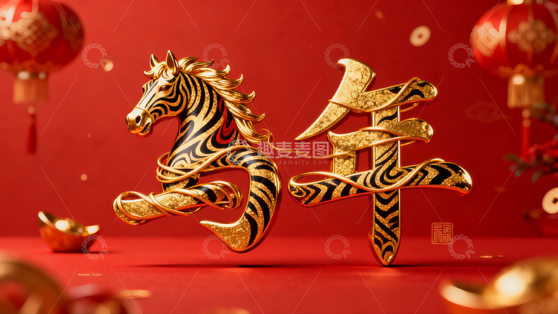 高清大图下载【趣麦麦图】金色马年装饰春节氛围浓厚