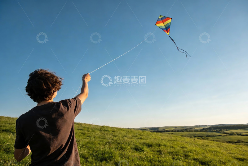 高清大图下载【趣麦麦图】少年放飞彩色风筝