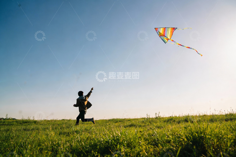 高清大图下载【趣麦麦图】孩童草地上放风筝