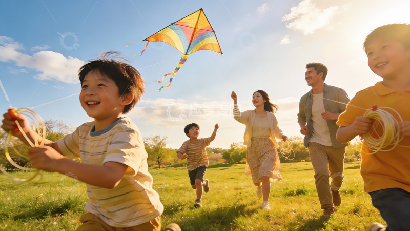 高清大图下载【趣麦麦图】一家五口草地上放风筝