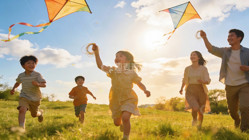 高清大图下载【趣麦麦图】一家五口草地上放风筝