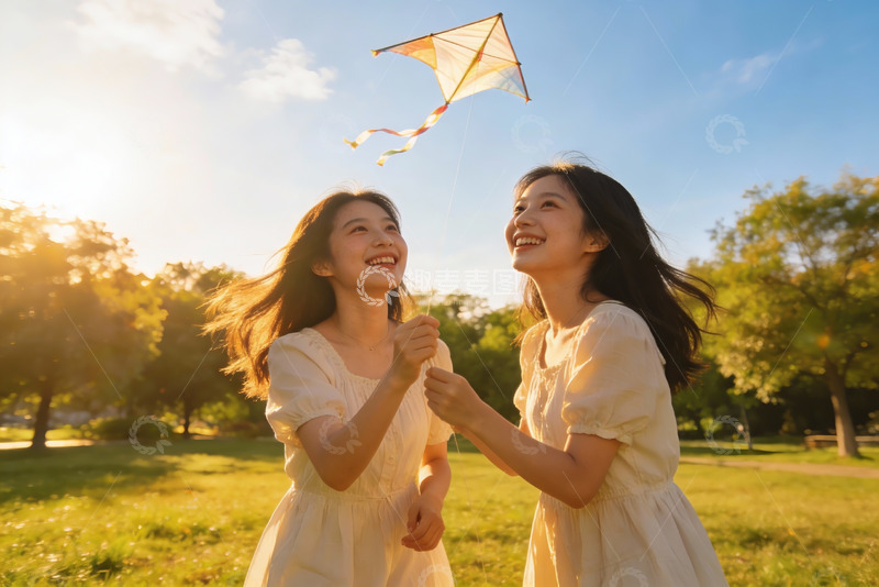 高清大图下载【趣麦麦图】两位女子户外放风筝