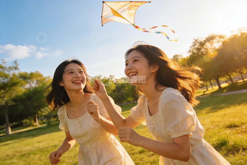 高清大图下载【趣麦麦图】两位女子户外放风筝