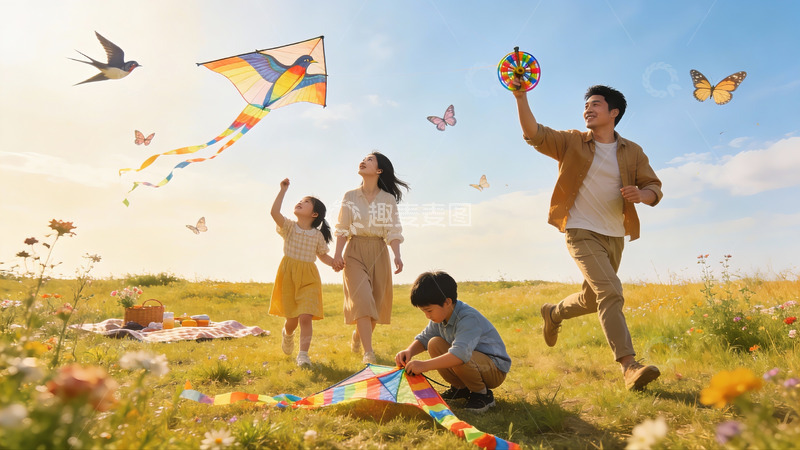 高清大图下载【趣麦麦图】家庭户外放风筝欢乐场景
