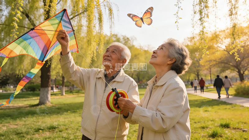 高清大图下载【趣麦麦图】老夫妻公园放风筝其乐融融