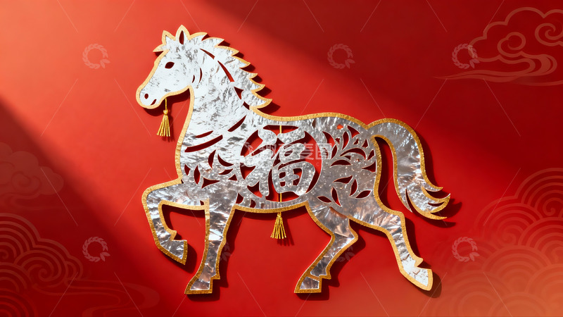高清大图下载【趣麦麦图】红色背景上的银色马形剪纸装饰
