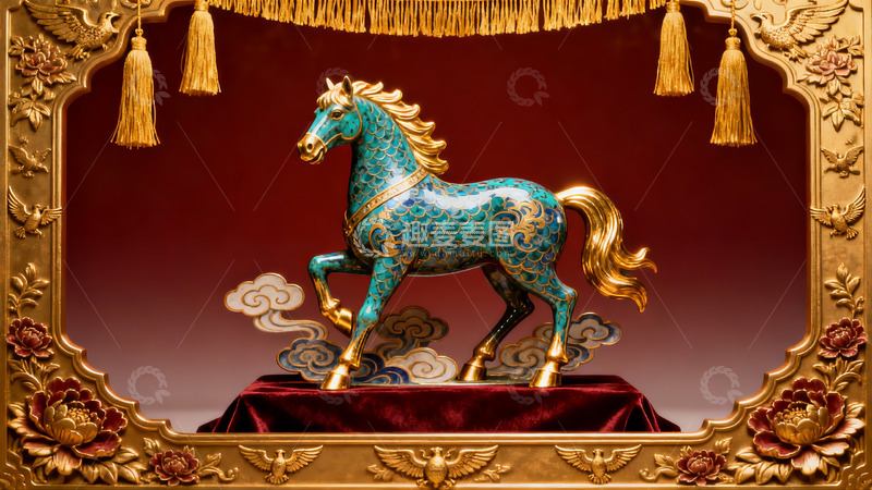 高清大图下载【趣麦麦图】华丽蓝金马雕艺术品展示