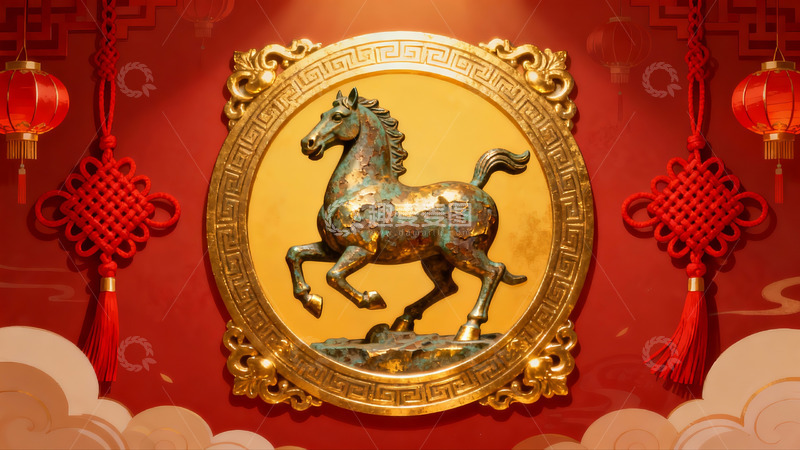 高清大图下载【趣麦麦图】金色马雕背景红色灯笼挂饰