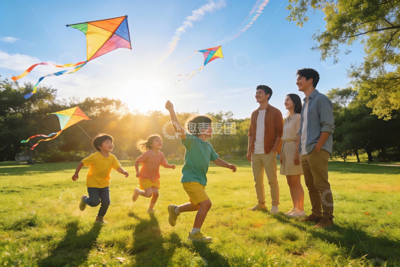 高清大图下载【趣麦麦图】家庭户外放风筝欢乐场景