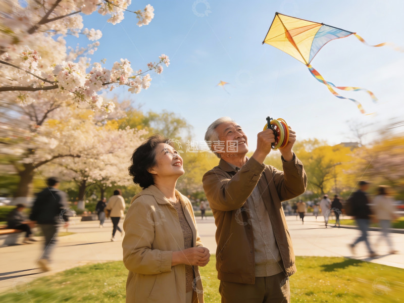 高清大图下载【趣麦麦图】老夫妇公园放风筝赏樱花