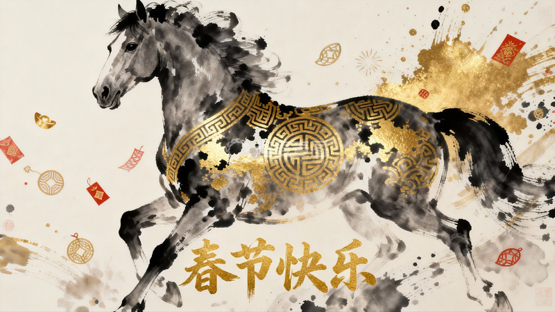 高清大图下载【趣麦麦图】水墨骏马迎春图