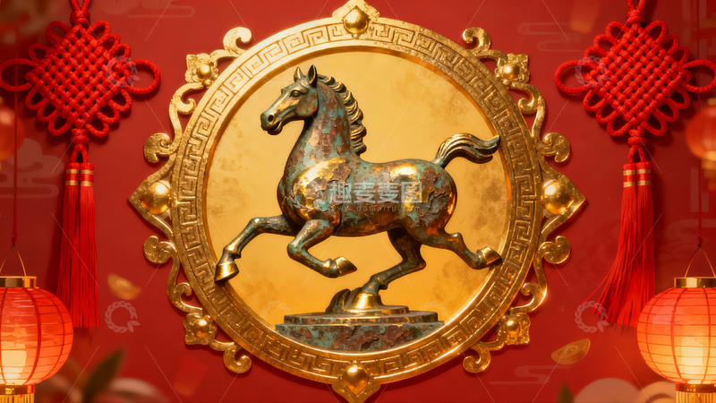 高清大图下载【趣麦麦图】红色背景金色马雕装饰画