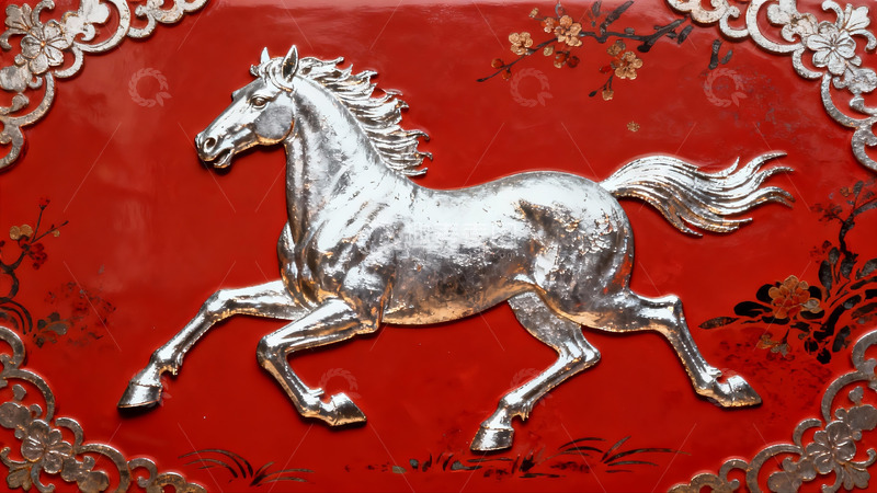高清大图下载【趣麦麦图】红色背景上的银色奔马浮雕