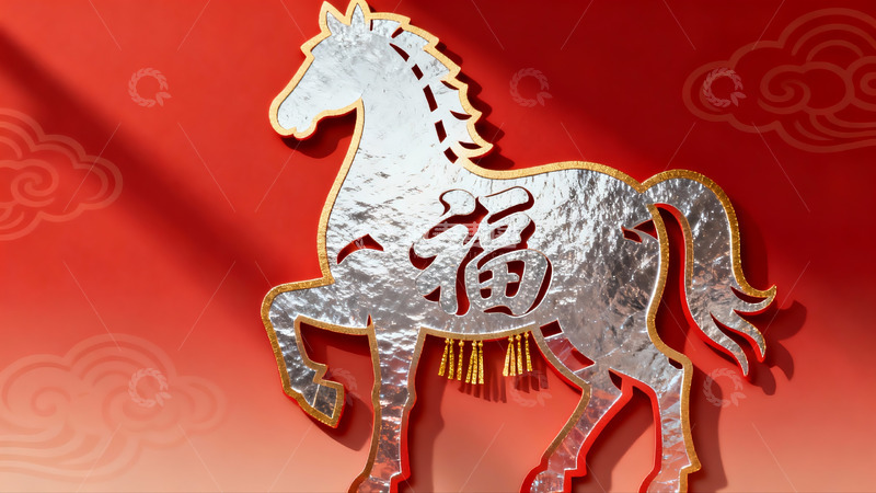 高清大图下载【趣麦麦图】红色背景上的银色马形剪纸