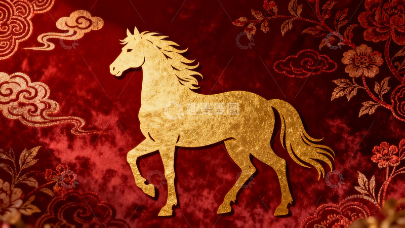 高清大图下载【趣麦麦图】金色骏马剪纸映衬红色祥云